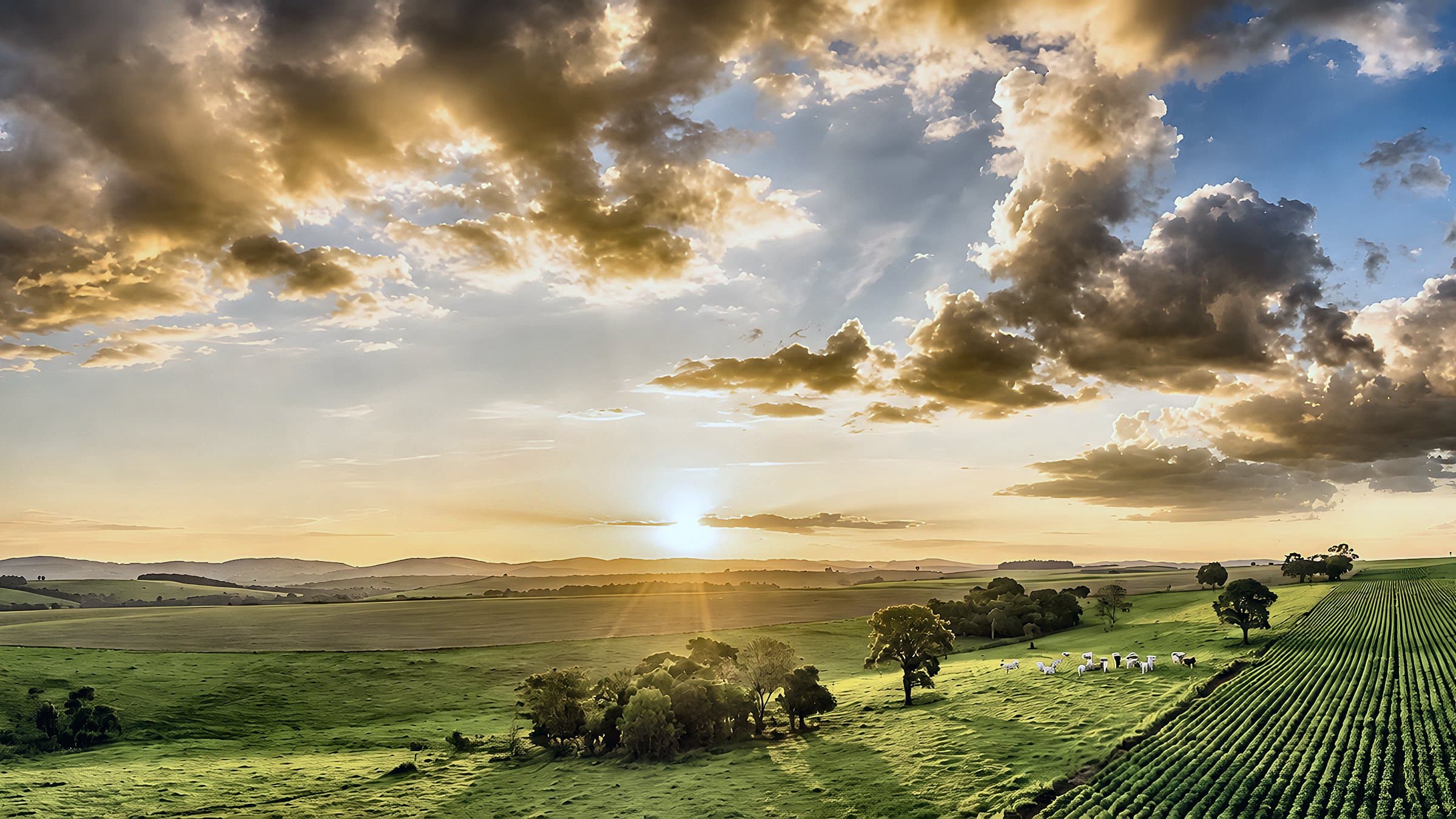 Pôr do sol sobre pastagem e lavoura, com o rebanho ao longe