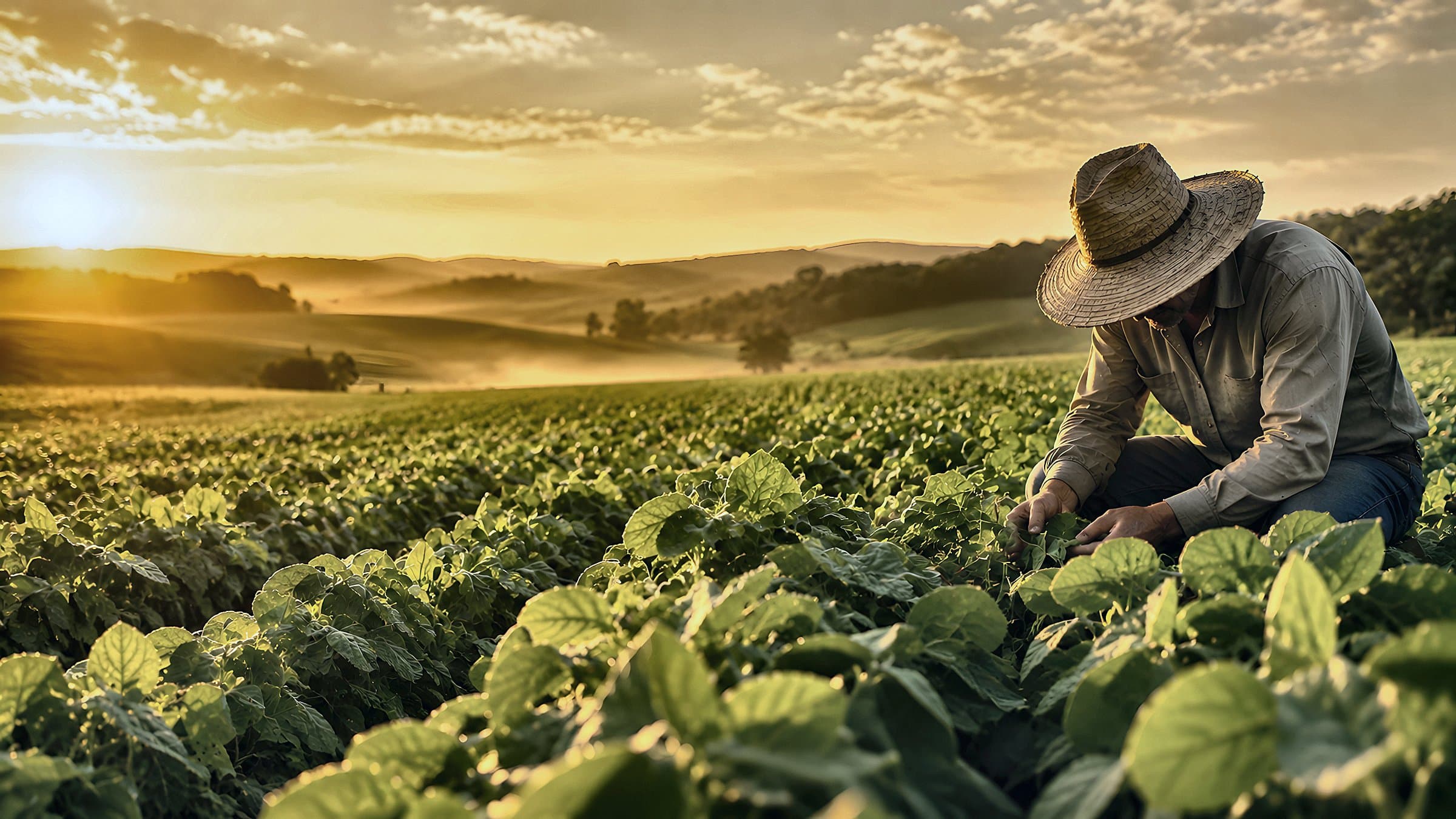 Produtor rural inspecionando a lavoura de soja ao nascer do sol, com colinas ao fundo