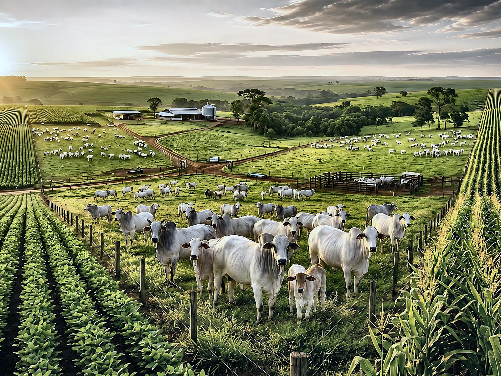 Propriedade rural com rebanho nelore entre lavouras de soja e milho ao amanhecer