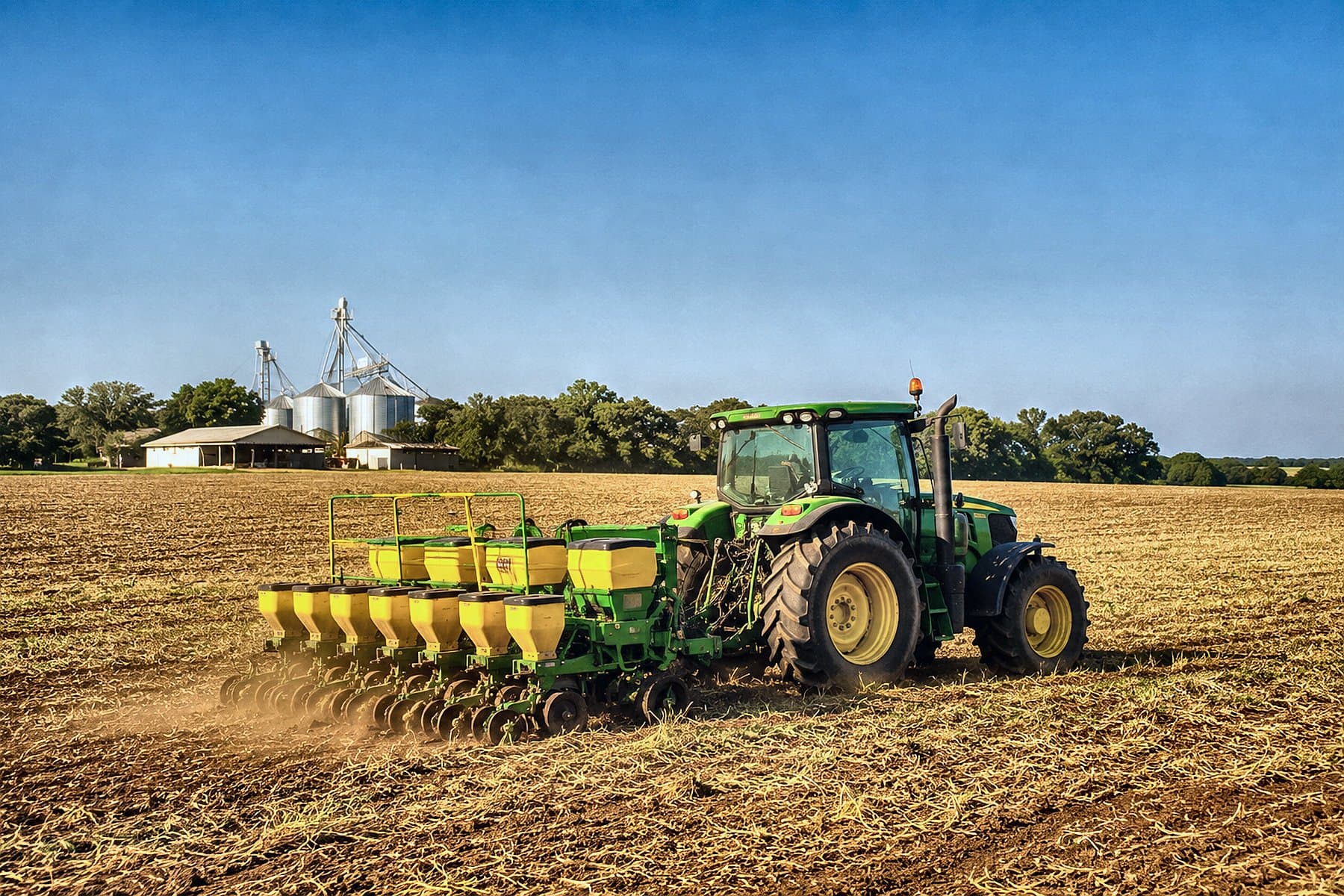 Trator com plantadeira semeando a lavoura, com silos de armazenagem ao fundo