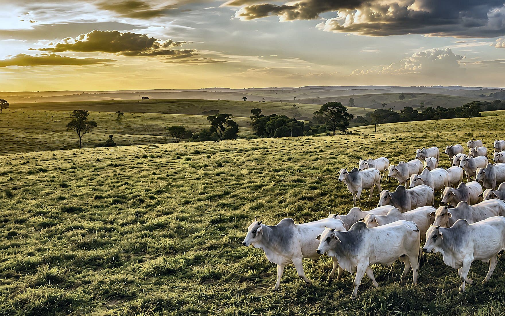 Rebanho nelore em pastagem ondulada ao pôr do sol, com horizonte amplo